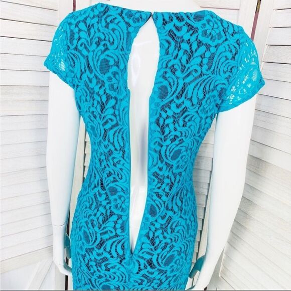 Eva Mendes New York & Co. Lace Sheath Bodycon‎ Dress Teal Black 2 Cap Sleeve - Picture 7 of 11